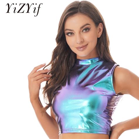 Summer Sexy Metallic Crop Top Womens Wet Look Sleeveless Patent Leather Tops Short Vest Women