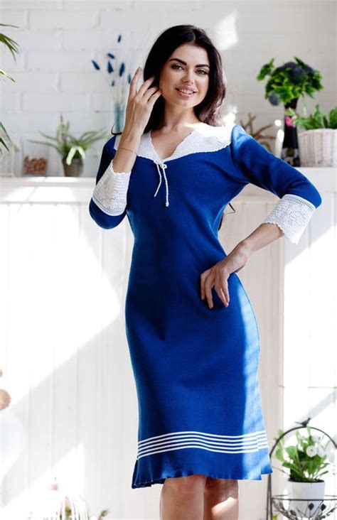 Knitted Blue Dress Sailor Womens Clothes By Olesya Masyutina Marine Style With Handmade