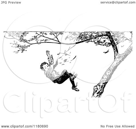 Clipart Of A Retro Vintage Black And White Boy Falling From A Tree