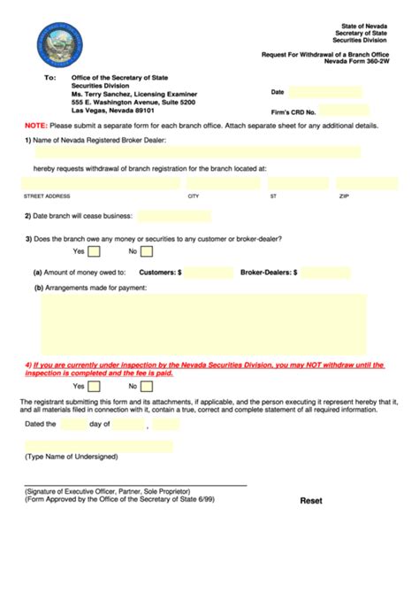 Fillable Request For Withdrawal Of A Branch Office Nevada Form 360 2w