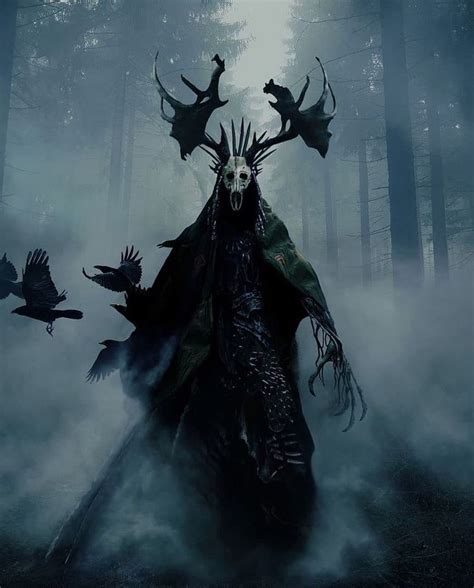 A Demonic Demon In The Woods With Crows Flying Around Him And His Head