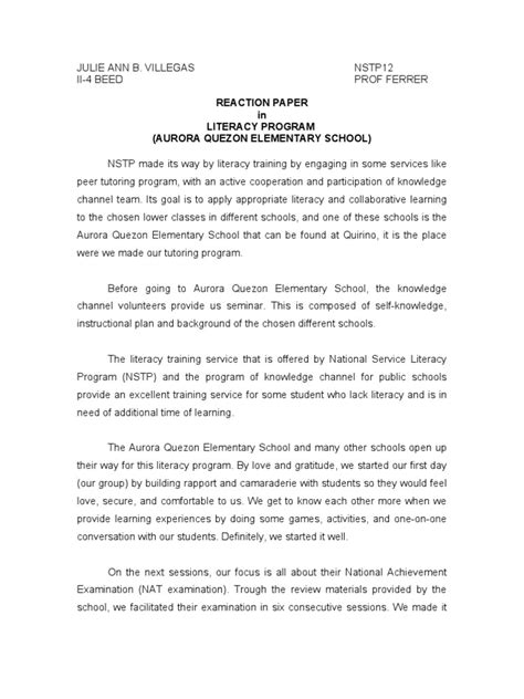 How to write reaction papera reaction paper is a task that requires a student to analyze information and. Nstp Reaction Paper | Literacy | Learning