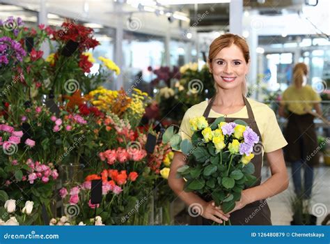 Female Florist Holding Beautiful Bouquet Stock Image Image Of Flower