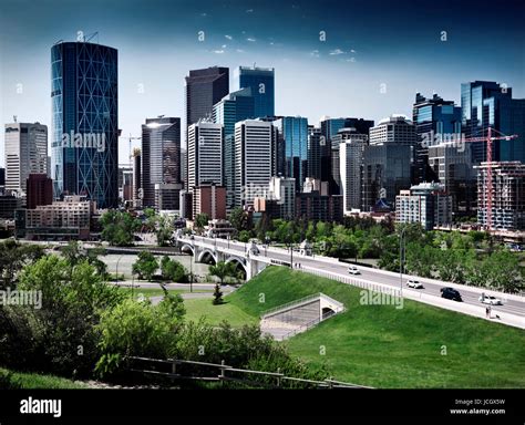 Calgary City Downtown Beautiful Skyline With Centre Street Bridge Over