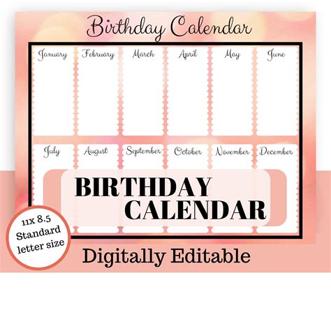 Editable Birthday Calendar Printable Birthday Calendar Etsy