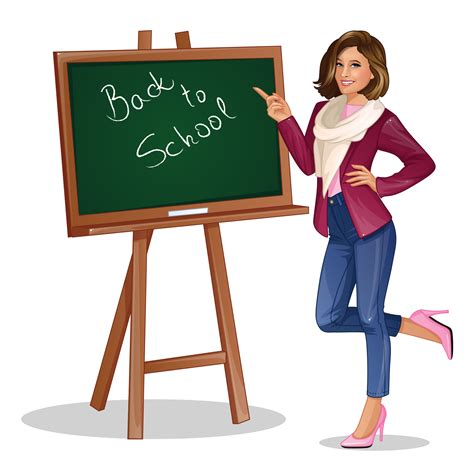Young Woman Teacher Standing Pointing At Blackboard With Back To School