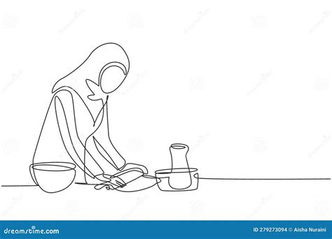 Single One Line Drawing Arab Woman Making Cookie Dough Using Rolling