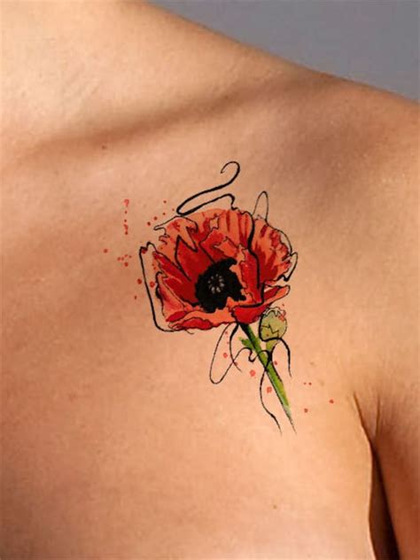 Temporary Tattoo Poppy Flower Tattoo Poppy Tattoo Watercolor Etsy