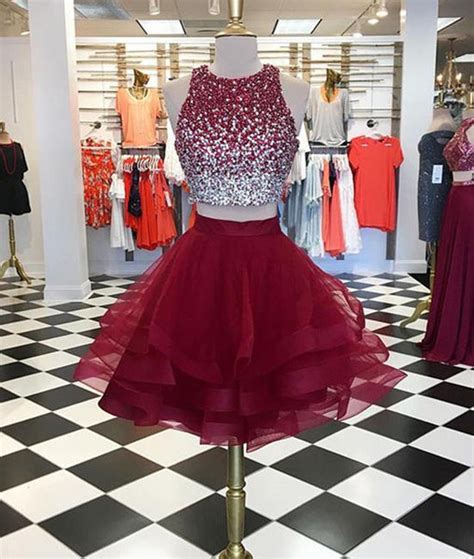 burgundy round neck 2 pieces sequins tulle short prom dress 2 pieces abcprom