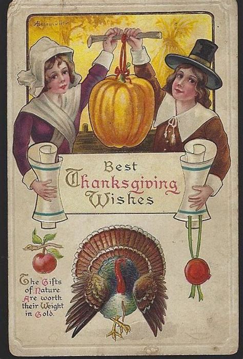 lot of three thanksgiving wishes postcards featuring pilgrims and turkey… vintage thanksgiving