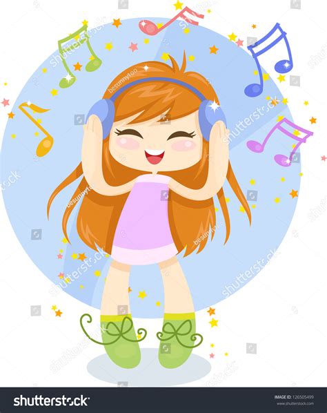 Cute Cartoon Girl Headphones Listening Music Stock Vector