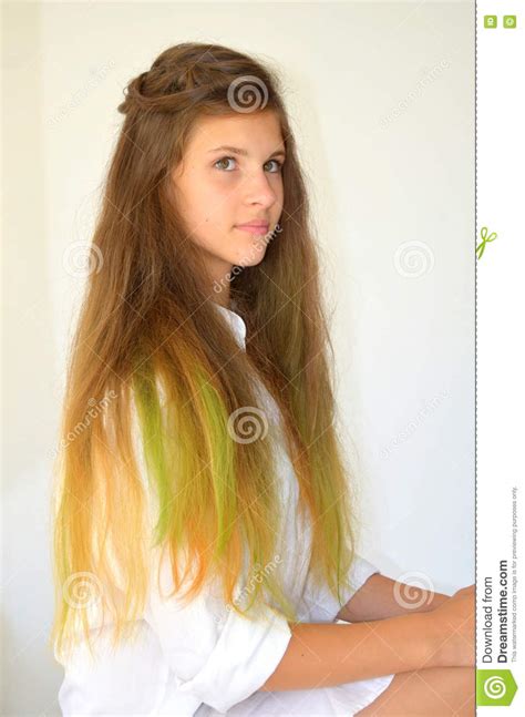 Girl With Long Hair Dyed With Colored Strands Stock Image Image Of