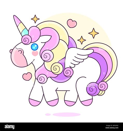 Cute Cartoon Unicorn With Pink And Yellow Hair Stars Vector