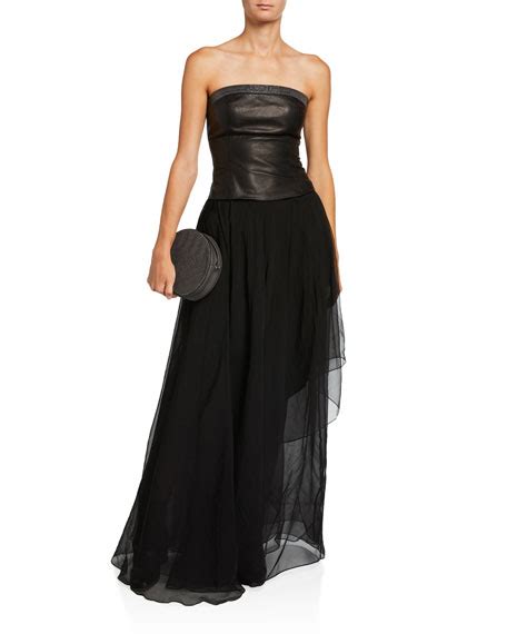 Brunello Cucinelli Strapless Chiffon Leather Bodice Gown Neiman Marcus