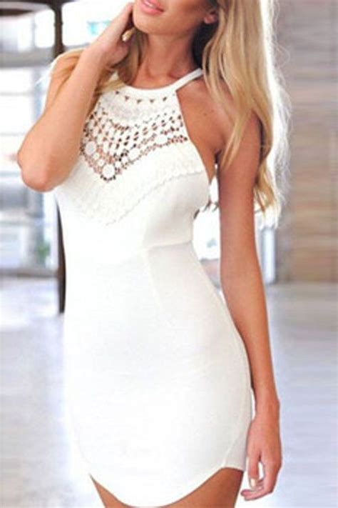 White Halter Neck Lace Mini Bodycon See Through Dress With Cross Back