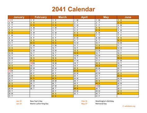 2041 Calendar On 2 Pages Landscape Orientation
