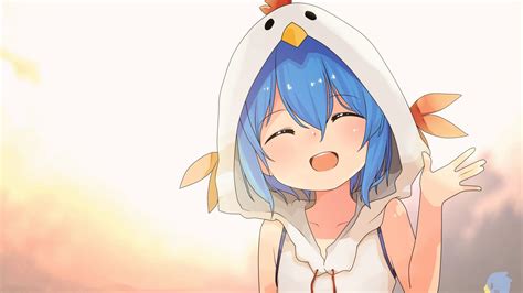 Desktop Wallpaper Cute Blue Hair Anime Girl Smile