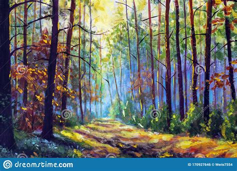 Autumn Oil Painting Autumn Forest With Sunlight Path In Forest