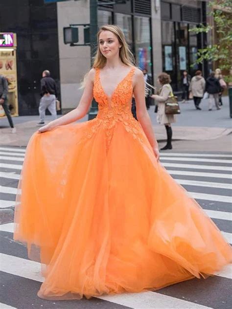 Orange V Neck Tulle Lace Appliques Long Prom Dresses V Neck Lace