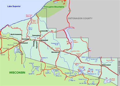 Gogebic County Map Tour Lakes Snowmobile Atv River Hike Hotels Motels