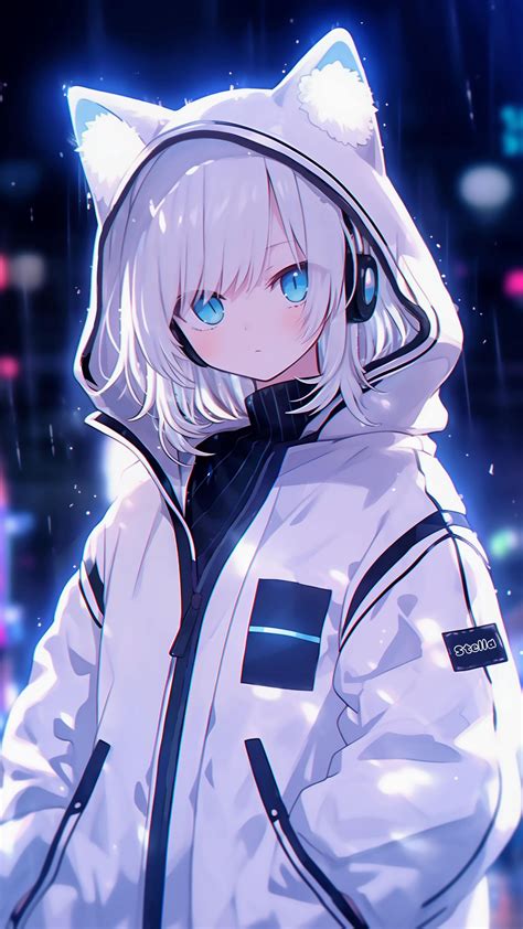 Download Wallpaper 2160x3840 Girl Ears Hood Headphones Anime Blue