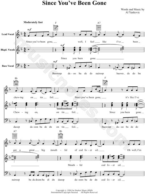 weird al yankovic since you ve been gone sheet music in f major transposable download