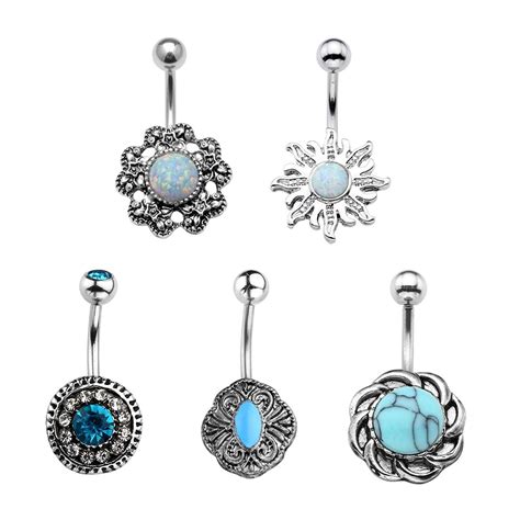 Jovivi 5pcs 14g Stainless Steel Belly Button Rings Dangle Bar Jewelry Set With T Box