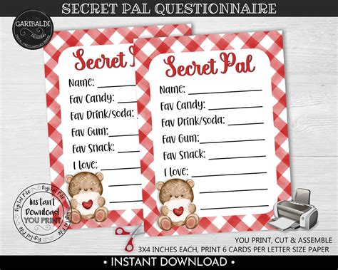 Valentines Day Secret Pal Questionnaire Printable T Etsy