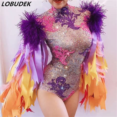 Colored Ribbon Tassel Rhinestones Bodysuits Crystal Bodysuit Female Singer Dancer Stage Wear