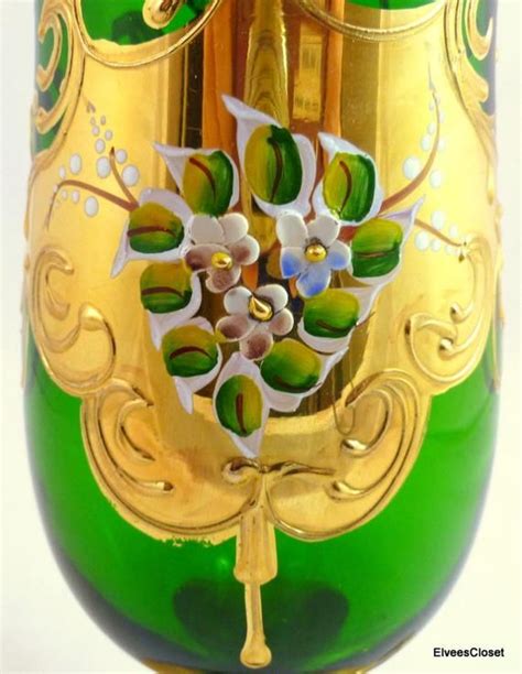 Moser Murano Gilded Vase Bohemian Emerald Green Glass Gilded Etsy Green Glass Vase Moser