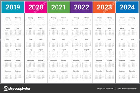 Year 2019 2020 2021 2022 2023 2024 Calendar Vector Design — Stock