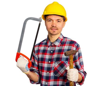 Portrait Of A Young Builder With Tools In Hand Stock Photo Image Of