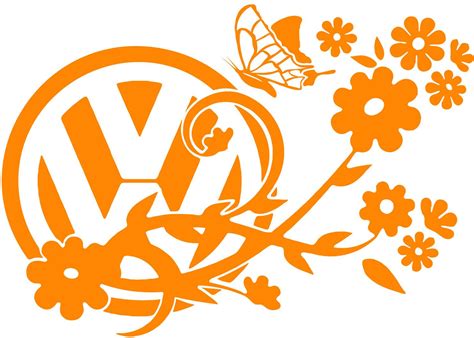An Orange Vw Logo With Flowers And A Butterfly Flying Over The Word Vw