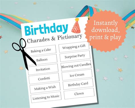 Birthday Party Charades Game Printable Birthday Pictionary Birthday