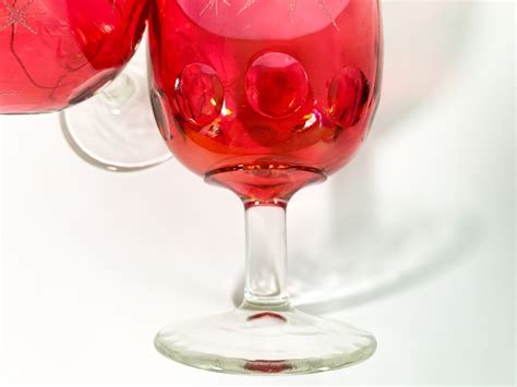 Pair Star Ruby Red W Clear Stem Large Goblets Glasses 2 Retro Stemware Heavy Glasses