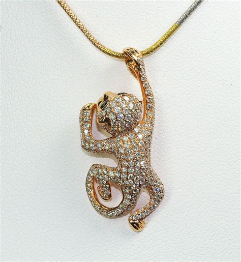 18k Rose Gold White Diamond Monkey Animal Nature Pendant Necklace