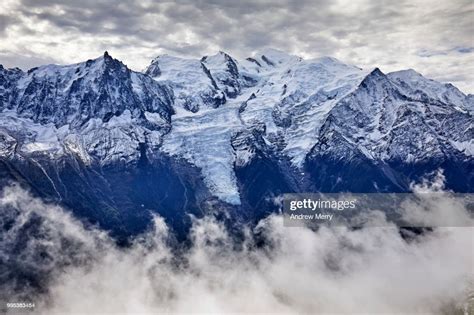 French Alps Mountain Range With Snow Line Mont Blanc Summit Peak And