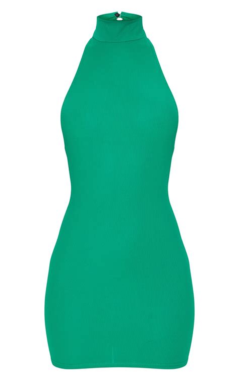 Green Ribbed High Neck Extreme Open Back Bodycon Dress Prettylittlething Qa