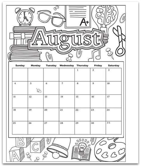 August 2019 Coloring Page Printable Calendar Coloring Calendar Kids