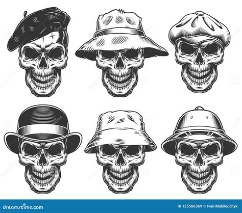 set of skulls in the hats stock vector illustration of bone 125586369