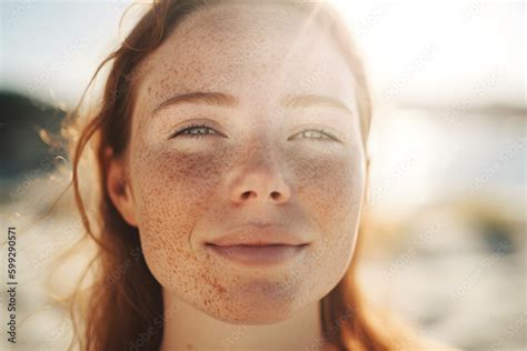 Closeup Of Glowing Freckled Young Woman At The Beach Outdoors