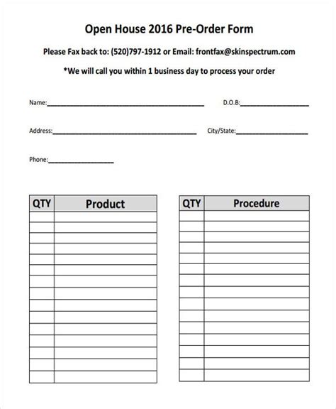 Pre Order Form Template Free Printable Templates