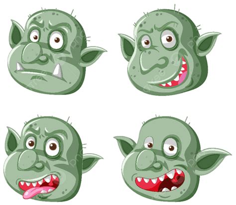 Set Of Dark Green Goblin Or Troll Face In Different Expressions In