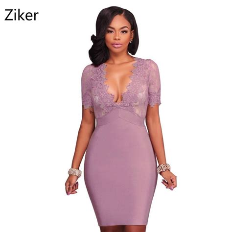Sexy Deep V Neck Women Lace Bodycon Dresses Lace Patchwork Empire