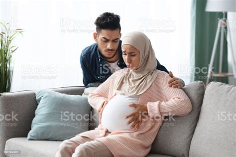 Prenatal Contractions Caring Husband Comforting His Pregnant Muslim