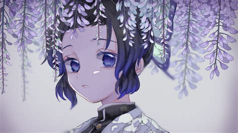 Demon Slayer Shinobu Kochou With Black Hair Under Purple Flowers Hd
