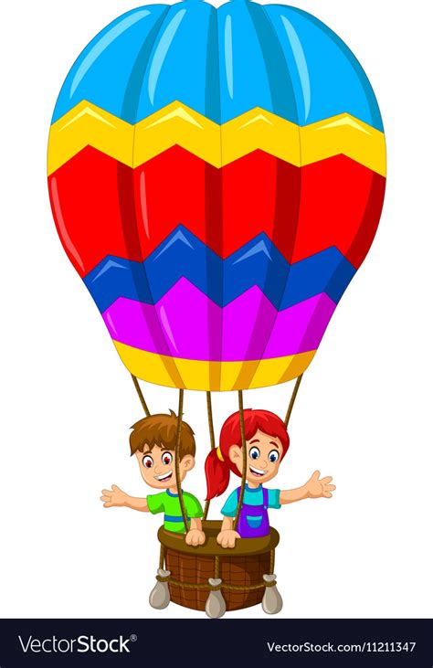 Funny Two Kids Cartoon Flying In A Hot Air Balloon