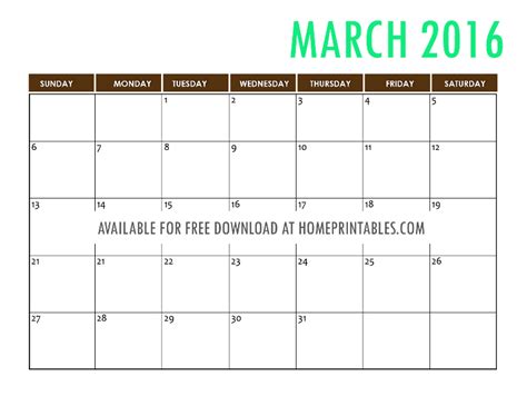 Free Printable March 2016 Calendar Home Printables