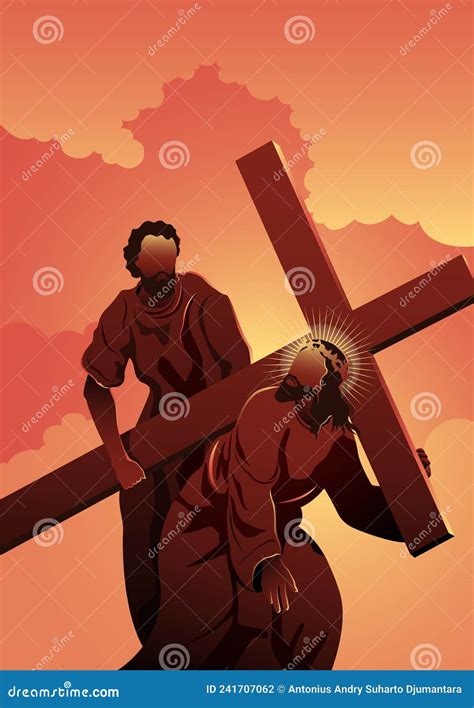 Jesus Carry Cross Gods Son Biblical Religious Vector Illustration