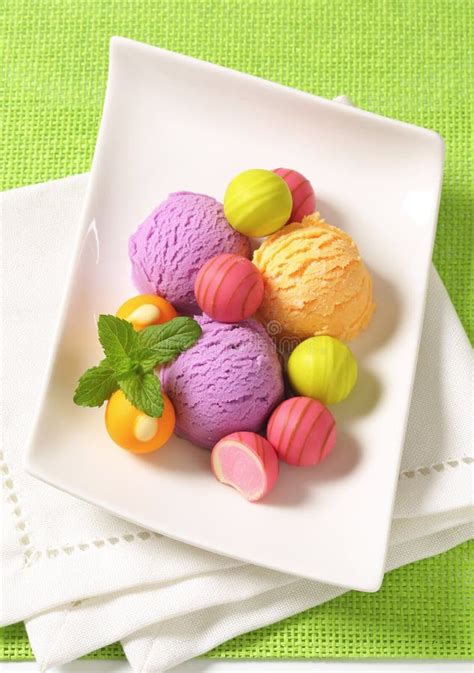 Fruit Flavored Ice Cream And Pralines Stock Photo Image Of Food